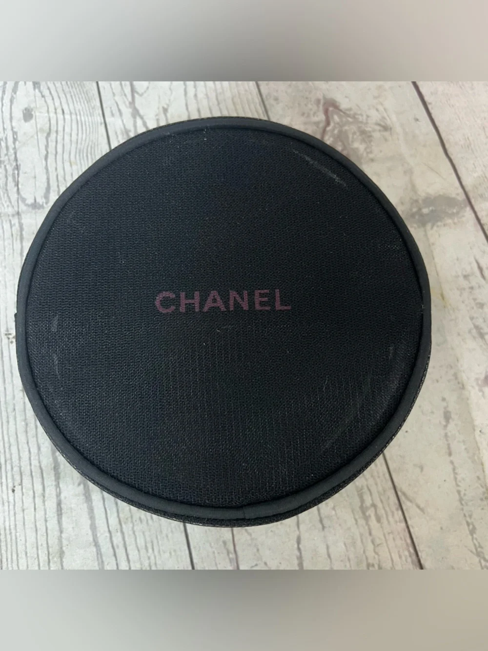 CHANEL Black Round Mesh Cosmetic Zip Bag.